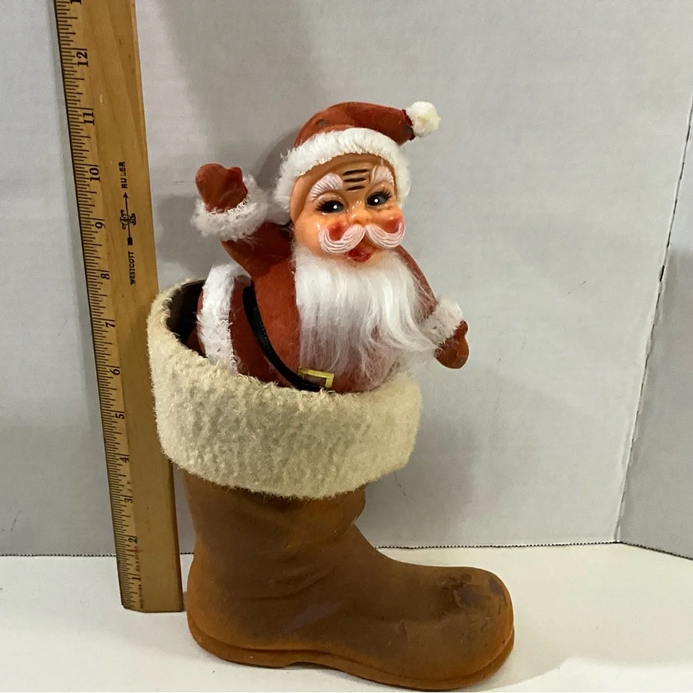 Vintage Christmas Flocked Santa in a Flocked Brown Boot MCM